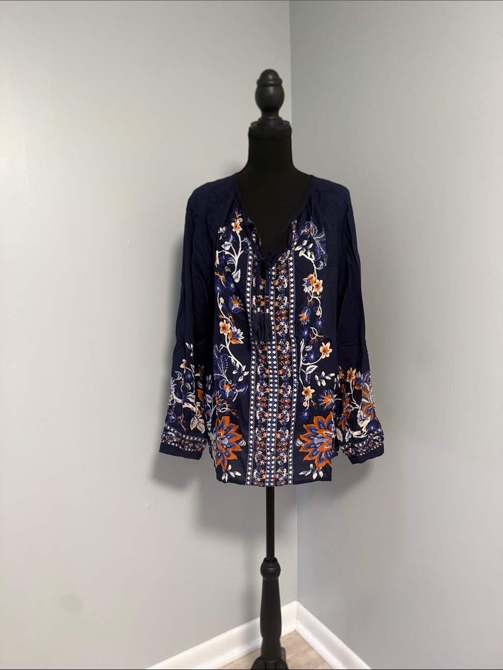 Chico's Navy Embroidered Floral Tunic with Orange Accents